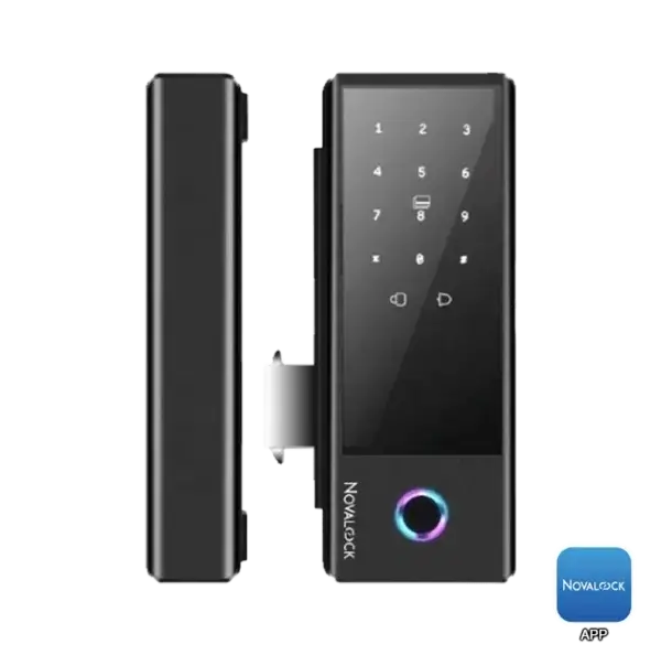 Novalock NDG 11 smart digital lock for glass door with high-security fingerprint, RFID and password access.