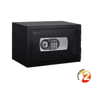 Novalock NFM 300-2 fire-resistant safe box with PIN and mechanical key backup.