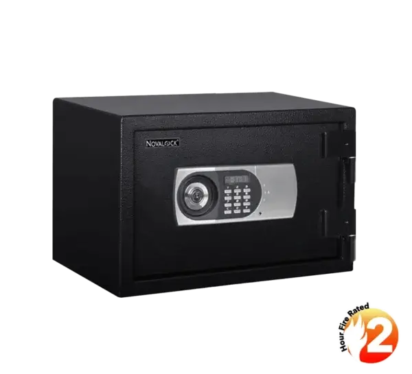 NFM 300-2 Novalock NFM 300-2 fire-resistant safe box with PIN and mechanical key backup.