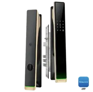 Novalock NMI 9219 Smart Lock Champagne Gold featuring fingerprint, password, RFID card, and mechanical key access for reliable security in Malaysia.