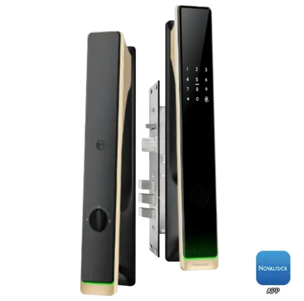 Novalock NMI 9219 Smart Lock Champagne Gold featuring fingerprint, password, RFID card, and mechanical key access for reliable security in Malaysia.