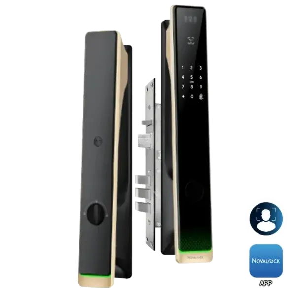 NMI 9219 PRO (Champagne Gold) Novalock NMI 9219 PRO smart lock Champagne Gold with 3D face recognition, fingerprint, passcode, RFID card, and mobile app access for secure entry in Malaysia.