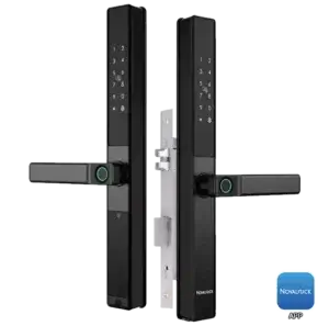 Novalock NDM X68-G Smart Lock for metal grille gate, with dual fingerprint, dual PIN, and dual card access for both inside and outside entry, plus mechanical key, remote control, Bluetooth app, and optional Wi-Fi.