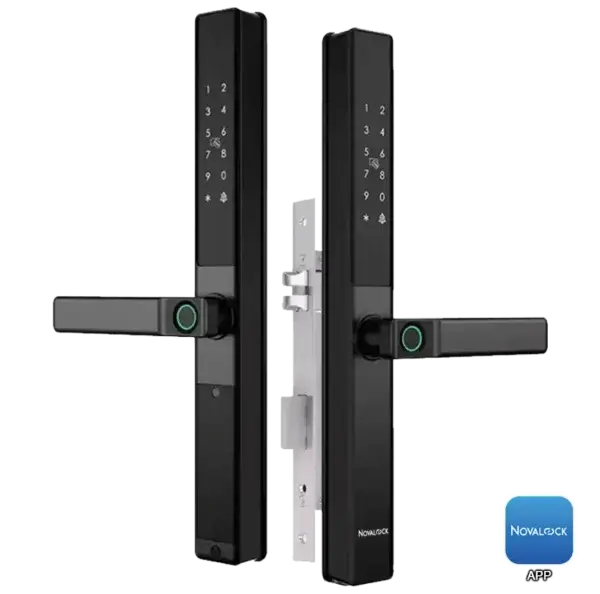 NDM X68-G Novalock NDM X68-G Smart Lock for metal grille gate, with dual fingerprint, dual PIN, and dual card access for both inside and outside entry, plus mechanical key, remote control, Bluetooth app, and optional Wi-Fi.