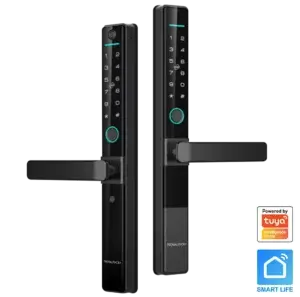 NVM 63-G Smart Grille Gate Lock in sleek black finish with dual fingerprint, RFID, PIN access, and built-in Wi-Fi.