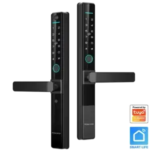 NVM 63-G Smart Grille Gate Lock in sleek black finish with dual fingerprint, RFID, PIN access, and built-in Wi-Fi.