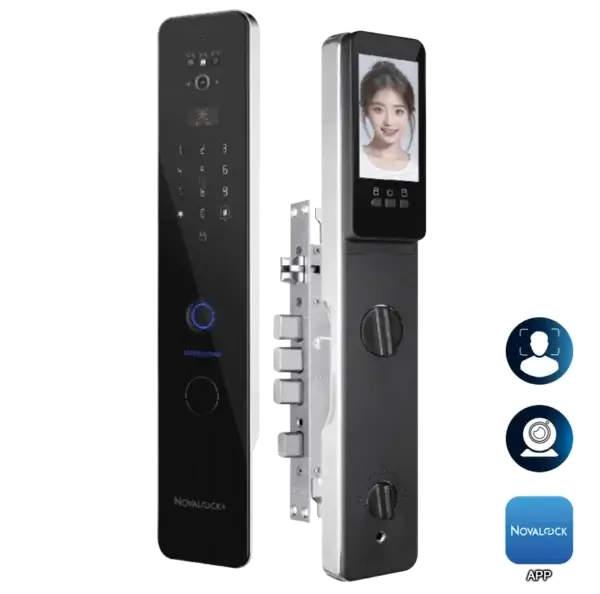 NVM 9813 Pro+ Smart Lock – Super Thin Design for Wooden & Security Doors, No Need to Remove Push-Pull Handle. Features Live Video Camera, Door Viewer, Built-in Doorbell, Radar Motion Detection, 3D Face Recognition, Fingerprint Unlock, PIN Code, RFID, Mechanical Key Override, Smart Home Integration, Siri Shortcuts & Built-in Wi-Fi.