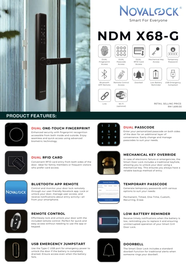 NDM X68-G P1 Novalock NDM X68-G Smart Lock for metal grille gate, with dual fingerprint, dual PIN, and dual card access for both inside and outside entry, plus mechanical key, remote control, Bluetooth app, and optional Wi-Fi.