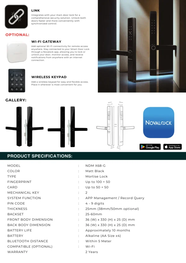 NDM X68-G P2 Novalock NDM X68-G Smart Lock for metal grille gate, with dual fingerprint, dual PIN, and dual card access for both inside and outside entry, plus mechanical key, remote control, Bluetooth app, and optional Wi-Fi.
